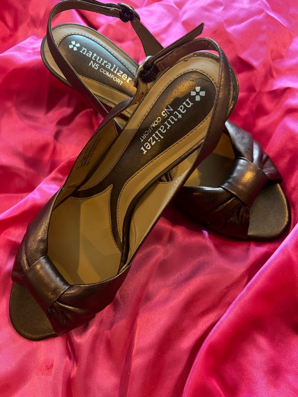 Naturalizer Brown Peep-Toe Slingback Heels with Knotted Front